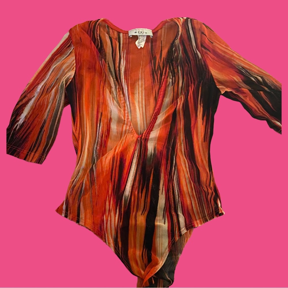 (Size M) Red Sheer Low Cut Bodysuit